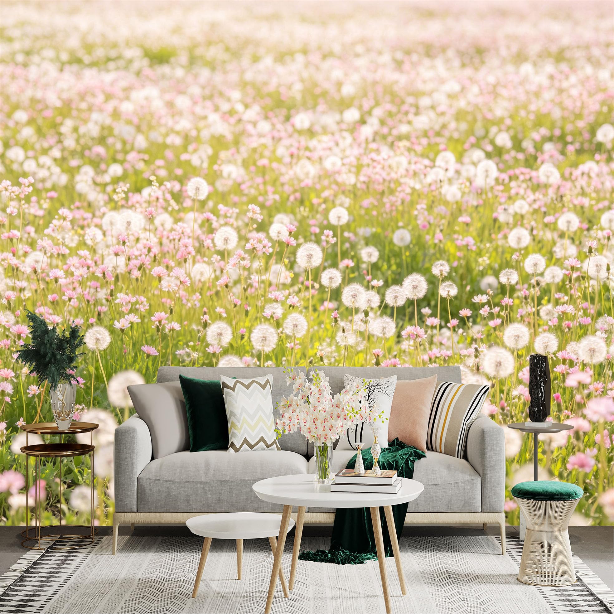 Lnzczhyre Dbh260521272 Custom Size Wall Sticker Mural， Meadow With Fluffy Dandelions And Soft Pink Flowers， Sunlight Spring Scenery， For Wall Decoration， Peelandstick Wall Decals.