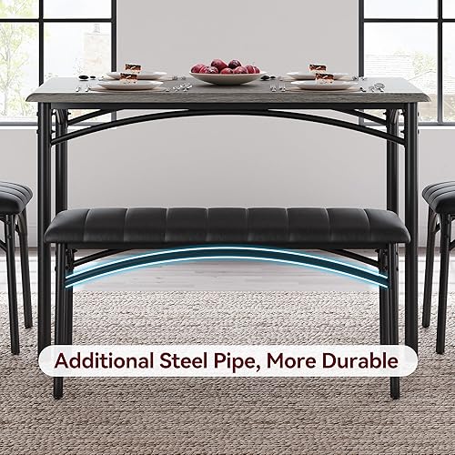 Miniatura 2 de GarveeHome Juego de mesa de comedor para 4, mesa de cocina con sillas tapizadas y banco, juego de mesa de comedor rectangular de madera y sillas