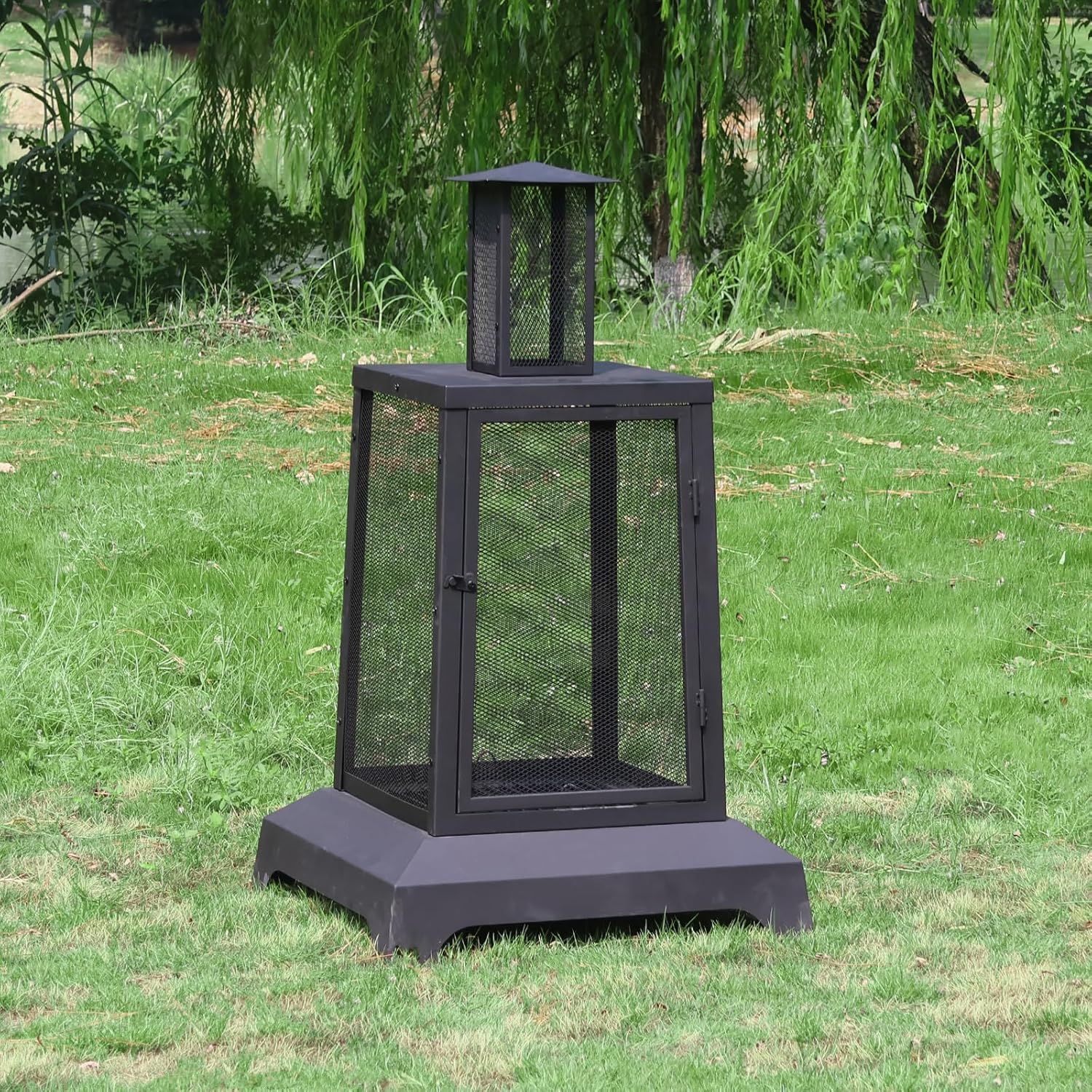 Walsport Chiminea Outdoor Fireplace, 43 Inch Wood Burning Fire Pit with Grill Grate and Spark Screen Cover, Outdoor Fire Pit for Patio, Backyard, Deck Porch and Camping, Black