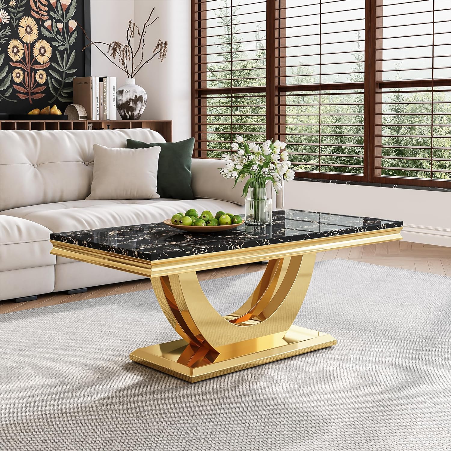 Marble Coffee Table, 47" Faux Marble Rectangular Cocktail Tables with Mirrored Finish Double U-Shape Stainless Steel Base, Central Cocktail Tea Table for Living Room Office, Black/Gold