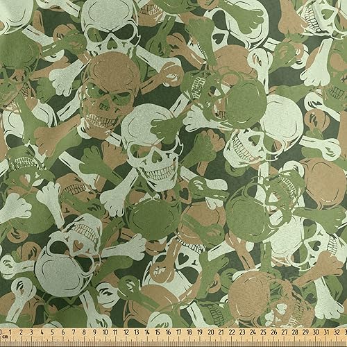 Miniatura 2 de Ambesonne The Yard, letrero de advertencia de calaveras y huesos cruzados, diseño de camuflaje espeluznante, tela de satén decorativa para textiles