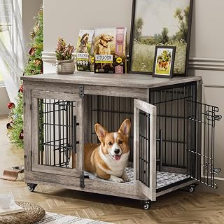 Lulive 32'' Dog Crate Furniture for Medium Dogs - Wooden Indoor Kennel with Washable Cushion, Wheels, Double Doors & End Table, Grey
