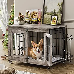 Lulive Dog Crate Furniture for Medium Dogs, 32'' Indoor Kennel with Cushion & Wheels, Wooden Dog Cage End Table, Grey