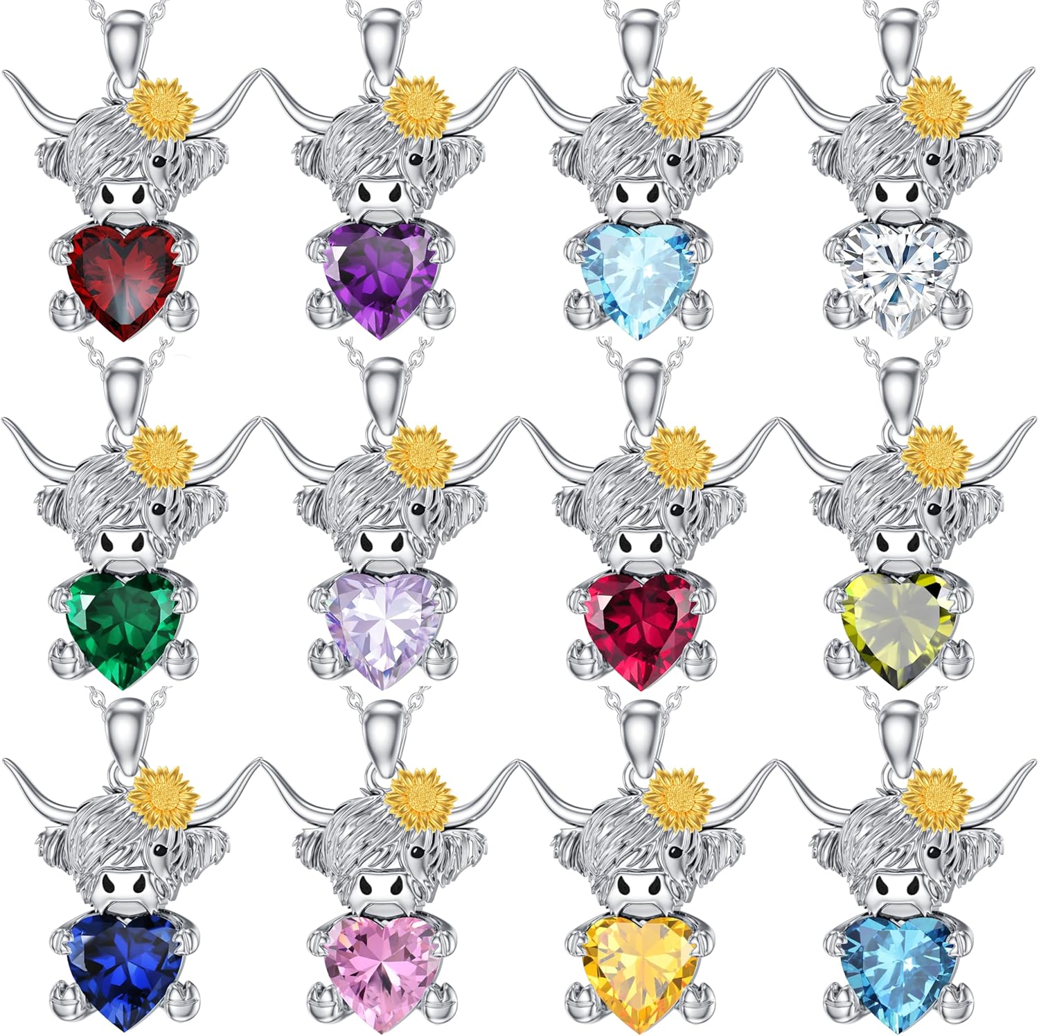 LONAGO Highland Cow Pendant Necklace with Heart Birthstone Cow Necklace Gift for Women