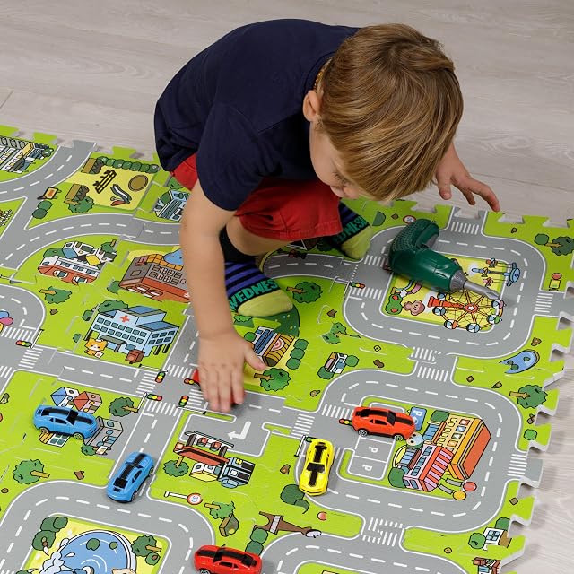 Foto 3 de 8 de Baroni Toys Alfombra Puzzle Infantil de 9 Piezas en EVA Con Gráficos de Calles de Ciudades