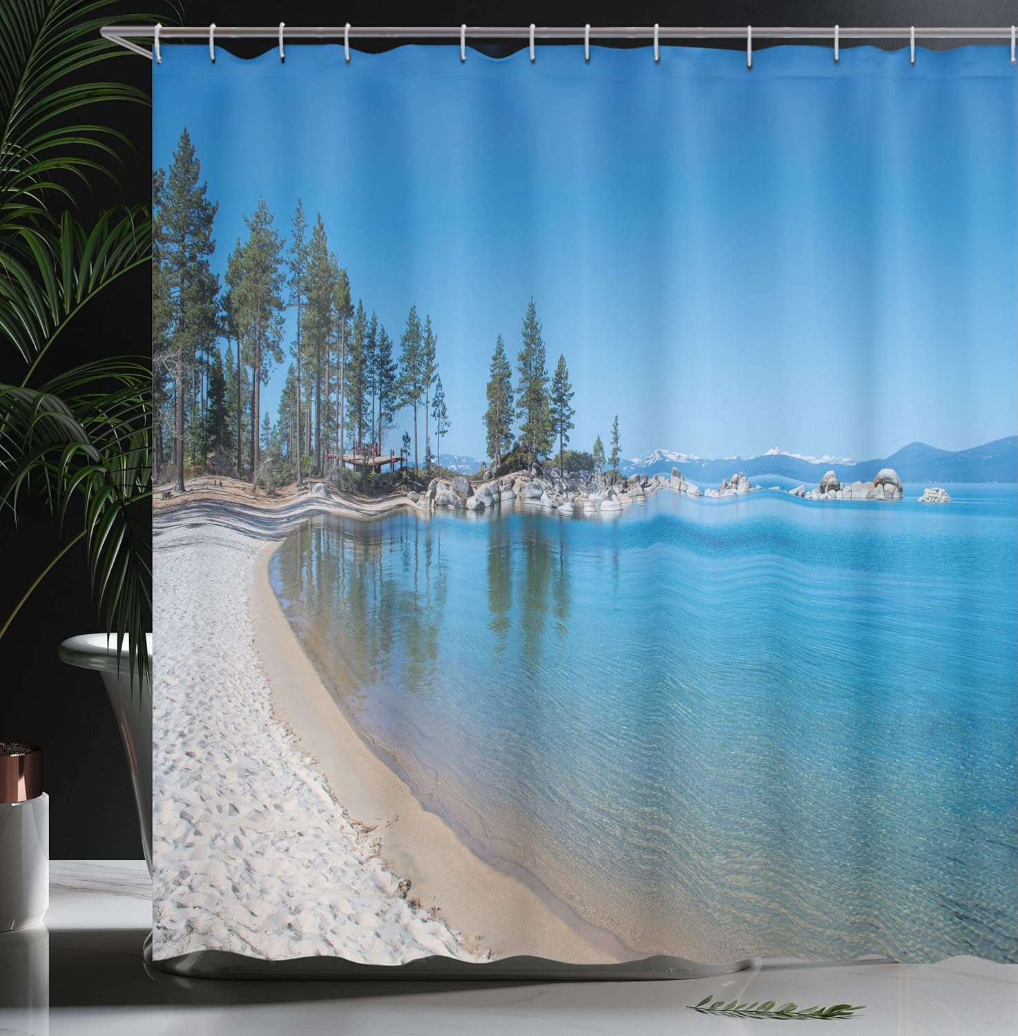 Ambesonne Lake Tahoe Shower Curtain, Clear Water in Shore of Lake Tahoe Idyllic Calming Scene, Cloth Fabric Bathroom Decor Set with Hooks, 69" W x 75" L, Azure Blue Coconut Forest Green