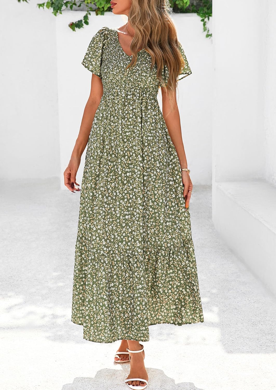 PRETTYGARDEN Boho Dresses for Women 2026 Summer Floral Short Sleeve V Neck Smocked Flowy Beach Vacation Maxi Dress - Image 7