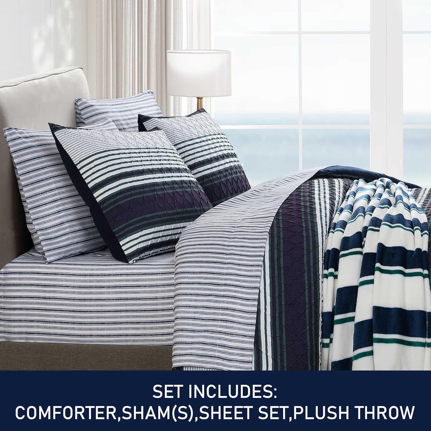 Nautica - Full/Queen Bedding Set, Embossed Microfiber Comforter, Wrinkle-Resistant Bed Sheets, Pillowcases, & Bonus Plush Throw, Oeko-Tex Certified (Lakefront Embossed Navy)