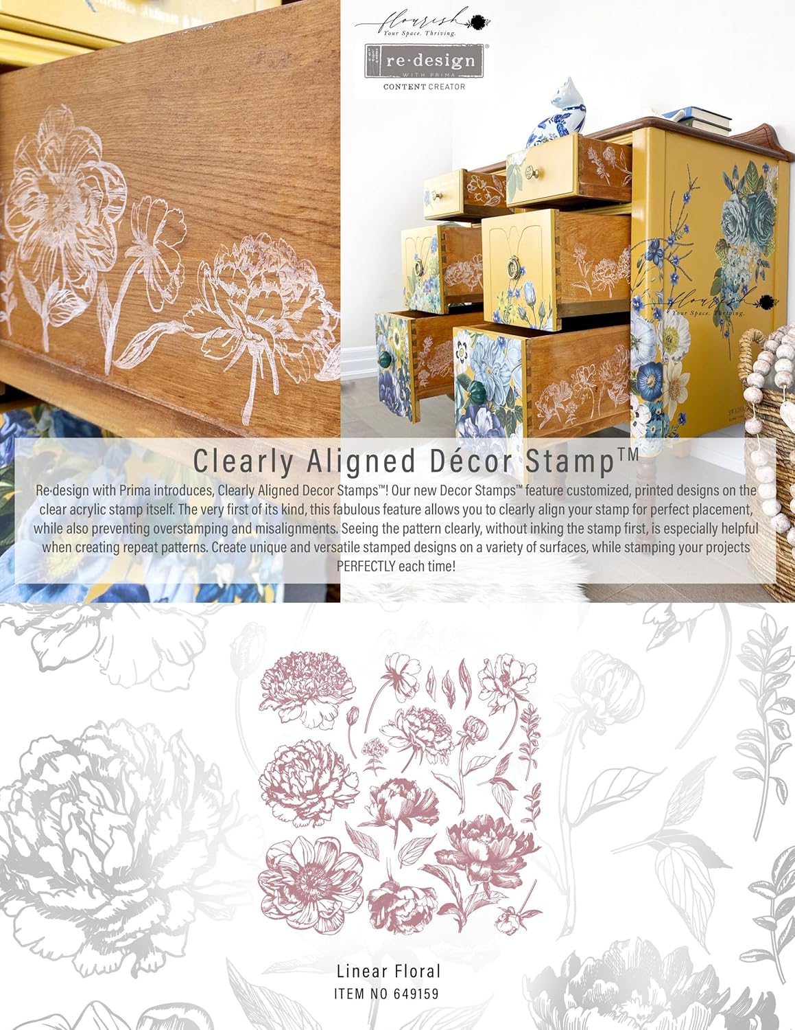 Redesign Decor Clear-Cling Stamps - Linear Floral for Wall Paint Wall Art Furniture Decorative nightstand Bed Side Stand Large Vanity Table Set Makeup Vanity Dressing Table Computer Desk