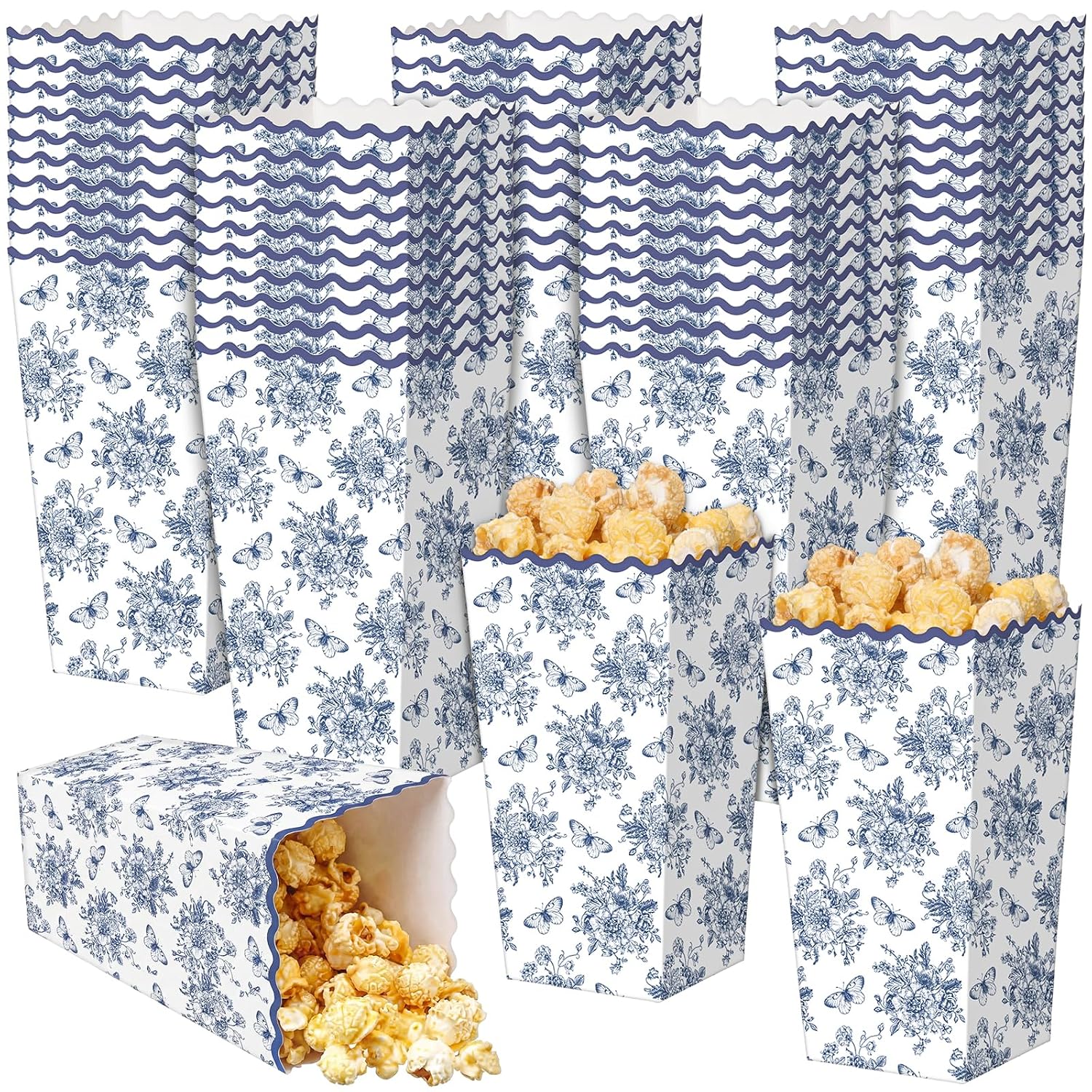 Geyoga 50 Pcs Blue Floral Popcorn Box 6x3x2.4 in Butterfly Popcorn Bucket