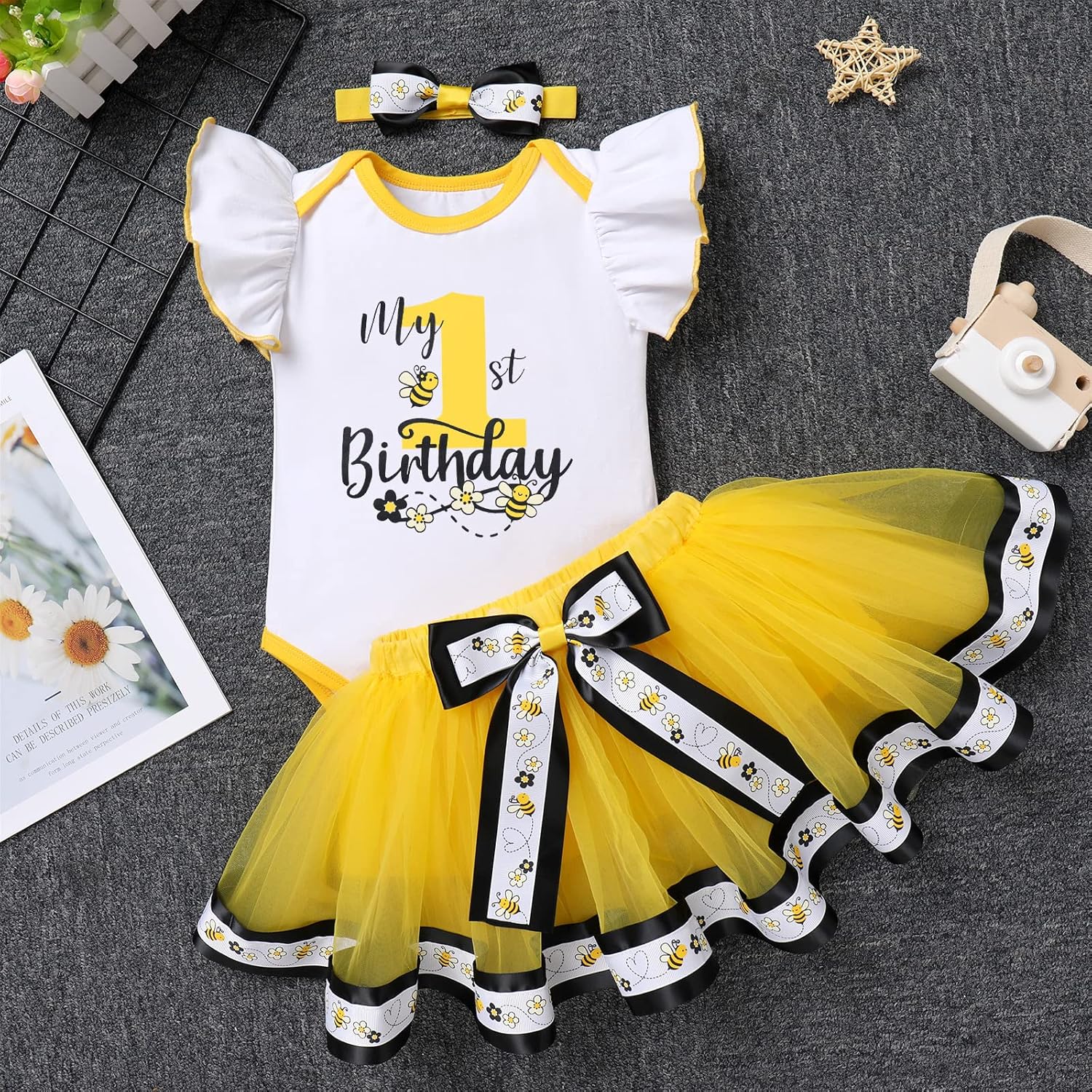 IBTOM CASTLE Baby Girls First Birthday Outfit Bee Romper Tutu Skirt Bowknot Headband Cake Smash Photoshoot Clothes - Image 3