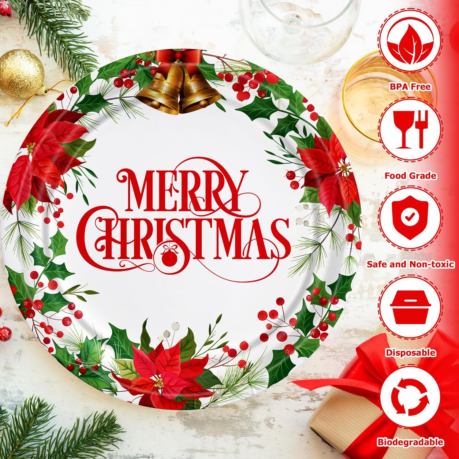 QZYL 100 PCS Christmas Plates, 9 Inches Christmas Dinner Plates, Round Poinsettia Holly Design Xmas Tableware, Xmas Decor Holiday Party Decorations for Chirstmas Party