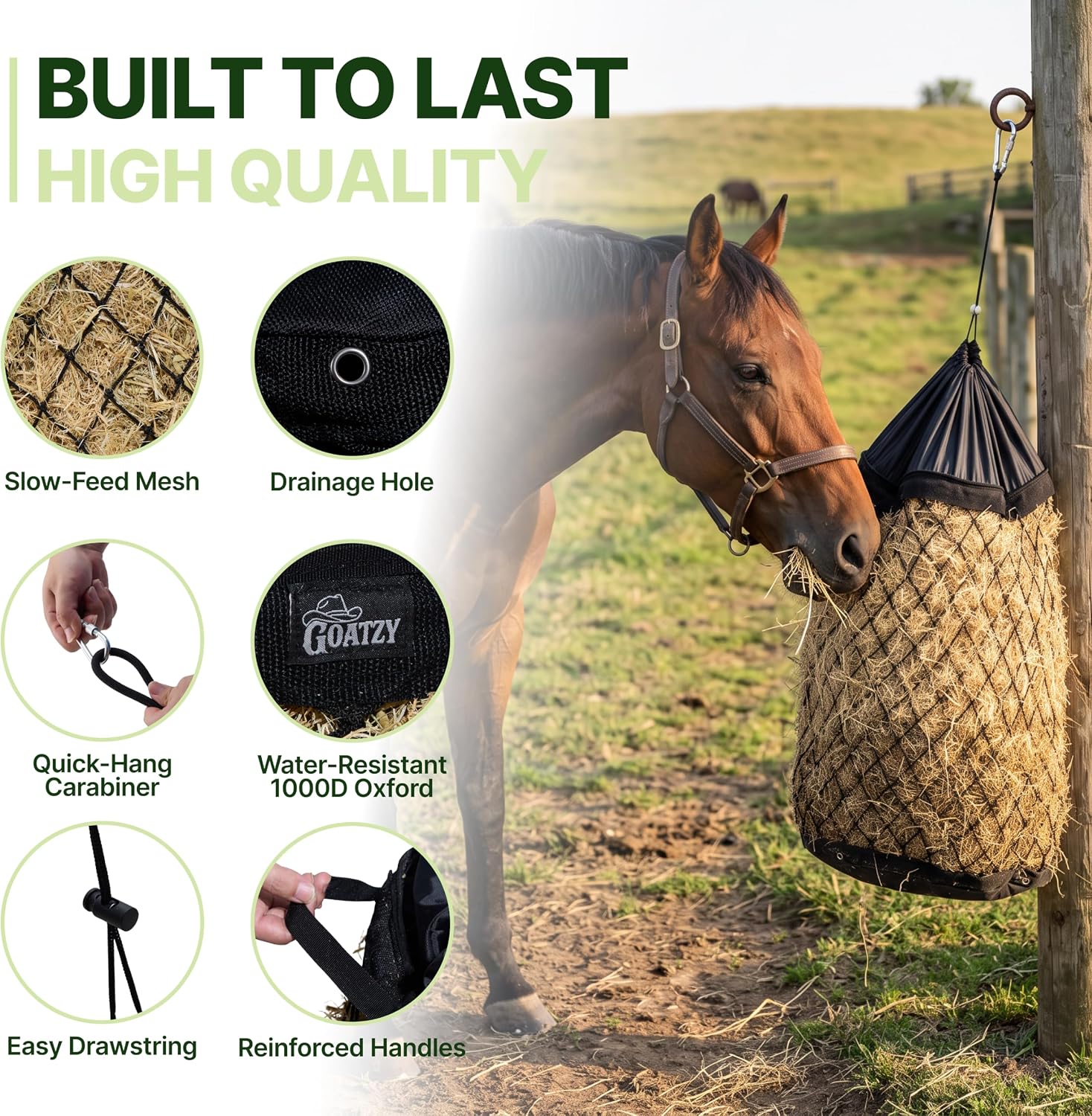 Slow Feed Hay Bag for Horses, Heavy Duty Hay Net for Horses Goats Sheep Donkey, Rigid Quick Fill Collar, 1.7 in Mesh, Waterproof 1000D Armor Bottom, Drain Holes, Stainless Steel Carabiner image 3