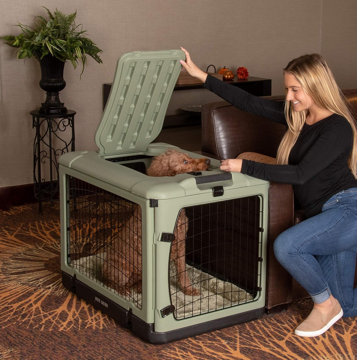 Pet Gear “The Other Door” 4 Door Steel Crate for Dogs/Cats with Garage-Style Door, Includes Plush Bed + Travel Bag, No Tools Required, Willow, 36 Inch