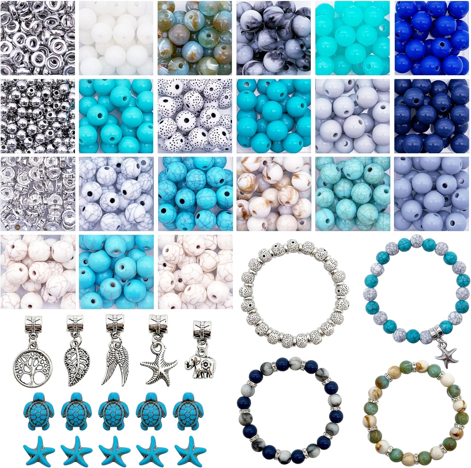 JINNBEY 2000pcs Ocean Vacation Jewelry Making Kit, Turquoise, Turtle, Shells, Starfish Natural Stone Beads and Polymer Clay Beads
