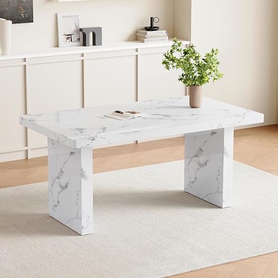 Ebullient Modern Dining Table, 63'' Dining Room Table for 4-6 Person, Marble Patterned Dinner Tabletop with Solid Wood Tablelegs, White