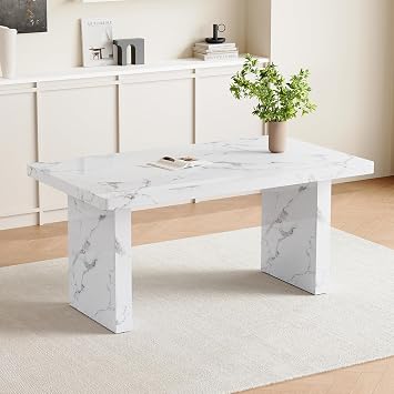 Ebullient Modern Dining Table, 63'' Dining Room Table for 4-6 Person, Marble Patterned Dinner Tabletop with Solid Wood Tablelegs, White