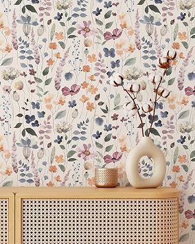 Colored Garden Wallpaper | Removable Self Adhesive Botanical Wallpaper | Floral Peel and Stick Wallpaper 1 roll 24" W x 60" H