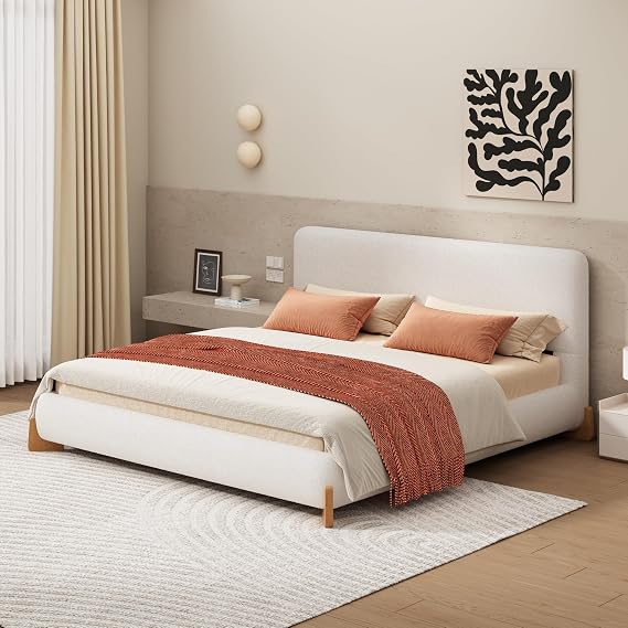Queen Size Boucle Bed Frame with Curved Headboard, Modern Upholstered Cloud Bed Frame Queen, Luxurious Platform Marshmallow Beds, Solid Wood Base, No Box Spring Required, White