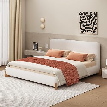 Queen Size Boucle Bed Frame with Curved Headboard, Modern Upholstered Cloud Bed Frame Queen, Luxurious Platform Marshmallow Beds, Solid Wood Base, No Box Spring Required, White