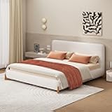 King Bed Frame and Headboard, Boucle Upholstered Bed Platform Bedframe, No Box Spring Required, Noise Free, White