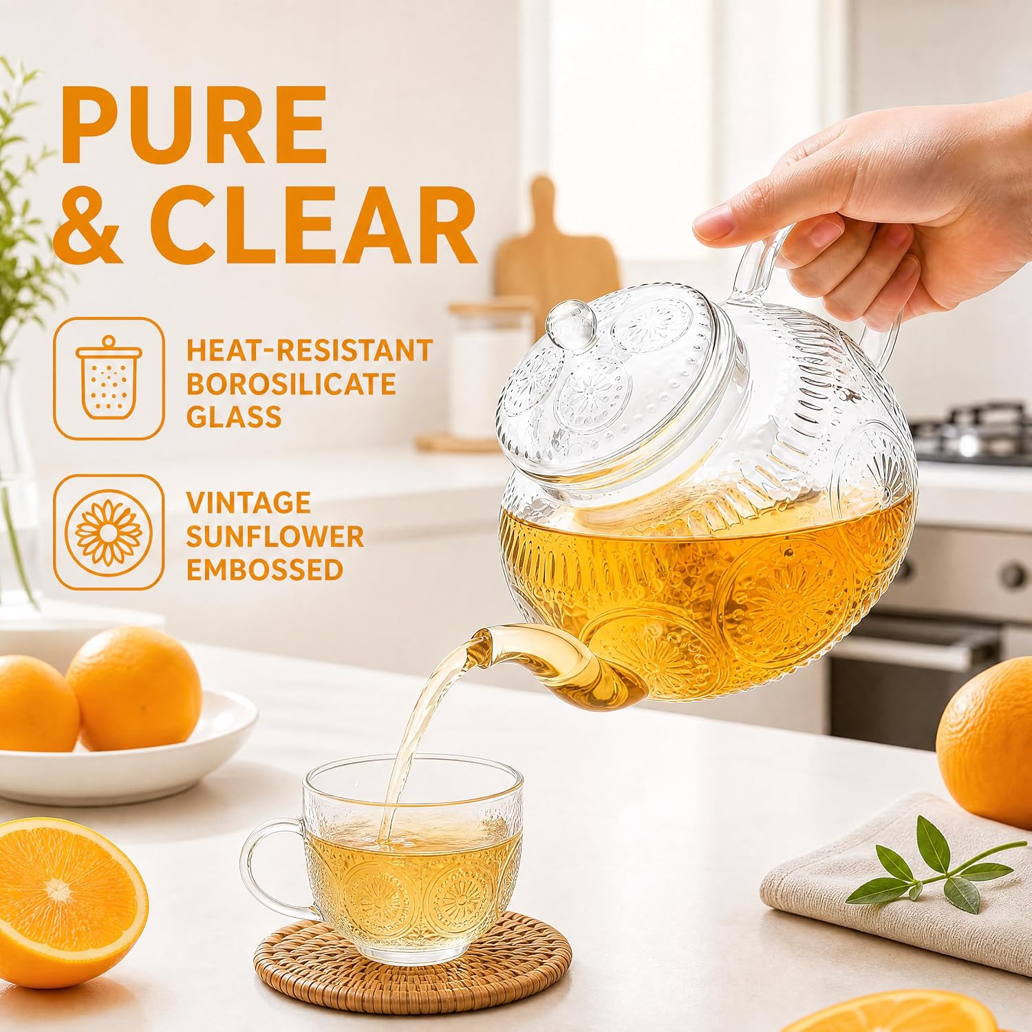 Pumtus Glass Teapot with Removable Infuser, 900 ML/30 OZ Vintage Clear Stovetop Safe Tea Kettle, Embossed Floral Borosilicate Glass Water Pot, Delicate Tea Maker Gift for Blooming Loose Leaf Tea