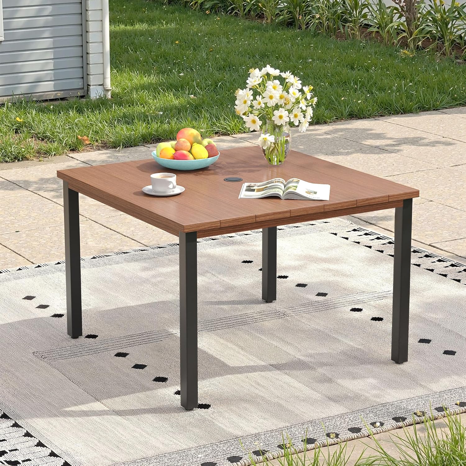 Outdoor Dining Table with Adjustable Umbrella Hole, 40.2" All-Weather Square Patio Dining Table for 4, Metal Patio Table for Garden Lawn Porch Deck Yard, Walnut