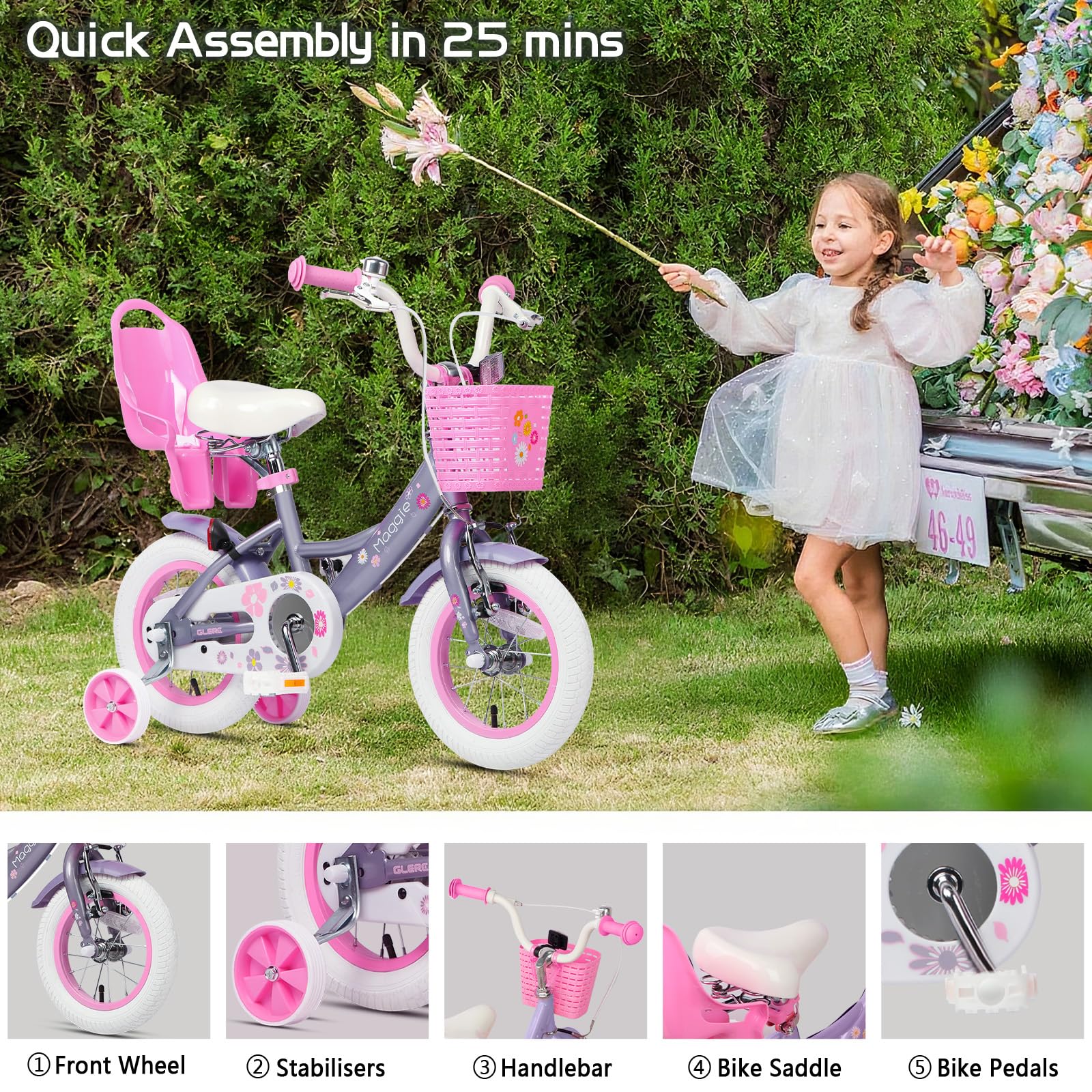 Glerc Maggie 12 14 16 20 Pouces vélo pour Enfants pour Les Filles de 2 à 13 Ans, vélo de Style Princesse pour Tout - Petits avec siège de poupée, Panier, stabilisateur et Support, Plusieurs Couleurs