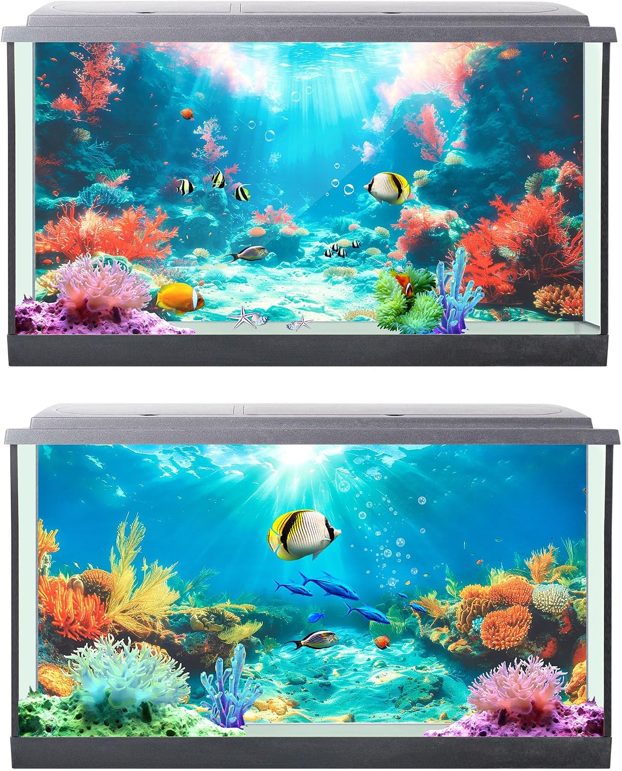 4 Pack Aquarium Background Polyester 48 x 24 Inch Cloth Fish Tank Background Undersea Corals Sunshines Rock Aquatic Plants Wallpaper with Double-Sided Tape
