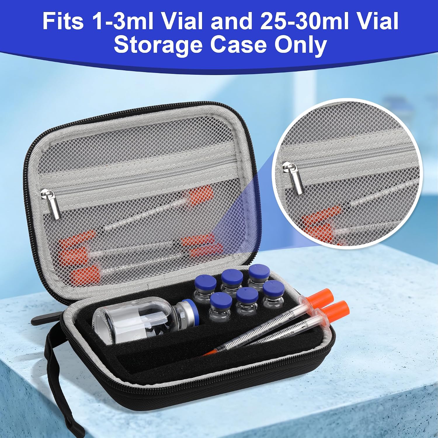 Peptide Case for 6 x 3ml Vials & 30ml BAC Water – Hard Shell Storage Organizer for GLP-1, Medicine & Injections – Shockproof Travel Kit for Fridge Freezer with Mesh Pocket,Case Only