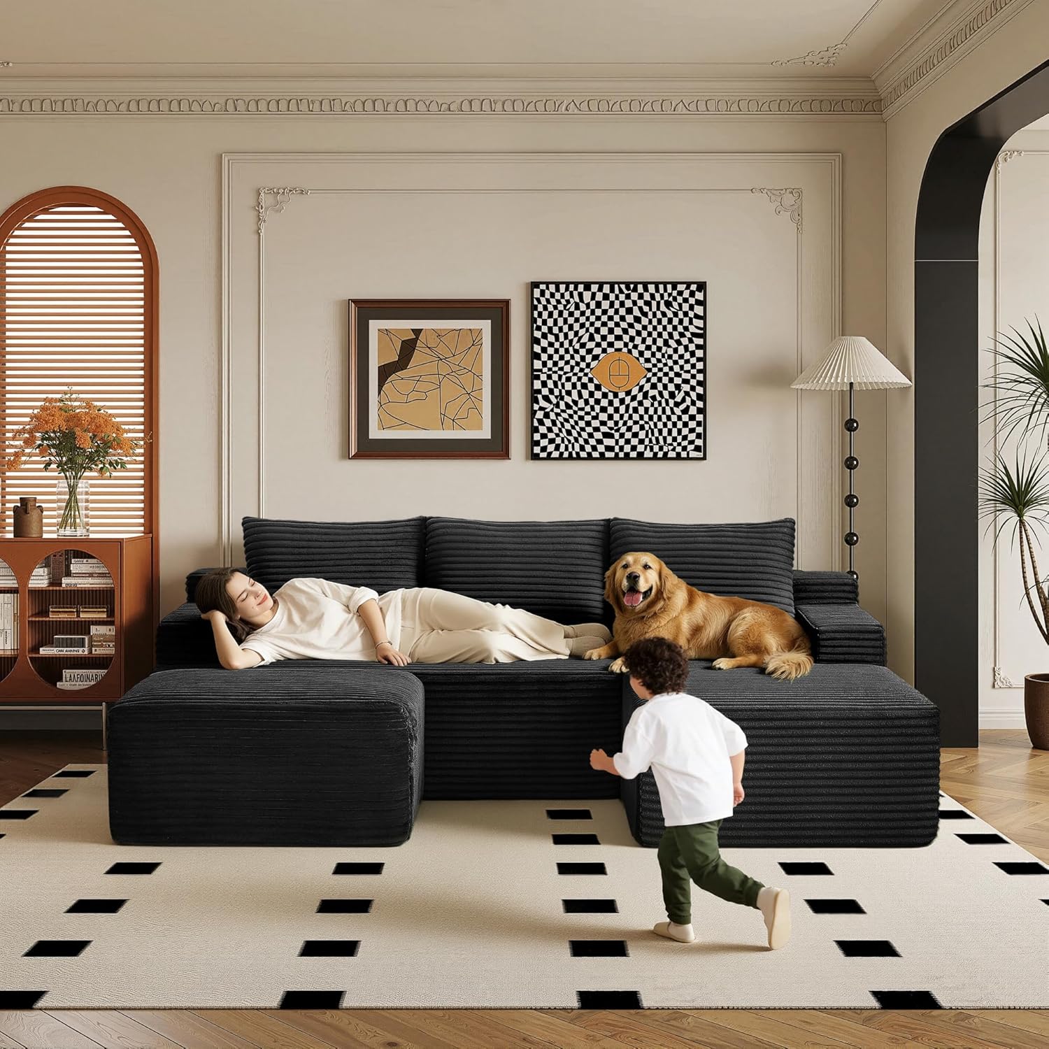 96" Sectional Couches for Living Room Cloud Couch Sofa with L-Shape Upholstered Boneless Couchs Modern Modular Sectional Couch with Chaise (Black, 96" W+Right Facing Chaise+2Seaters+Ottoman)