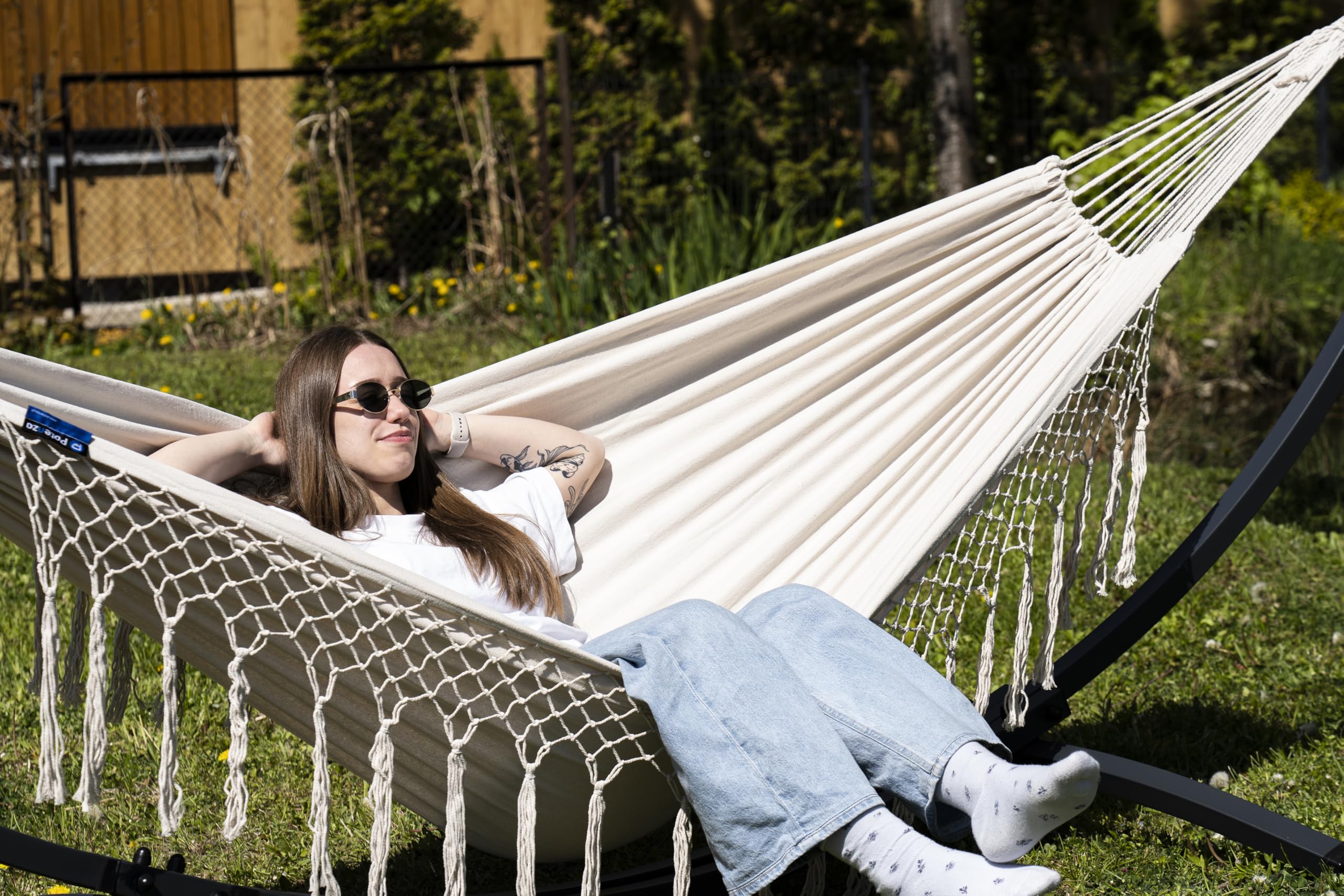 Potenza Amaca da Giardino con Supporto – Amaca Doppia 220x160 cm, 200kg in 100% Cotone con Struttura in Acciaio lunga 370 cm, Portata 220 kg, con Telaio Resistente alle Intemperie, Santia Beige