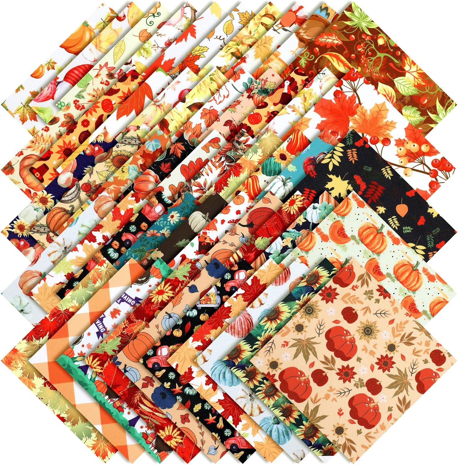 Ganeen 100 Pcs 10 x 10 Inch Thanksgiving Quilting Fabric Fall Fabric Squares Fall Pumpkin Quarter Bundles Scraps Maple Leaf Fat Sewing Patchwork for Thanksgiving Autumn DIY Craft Handmade Sewing