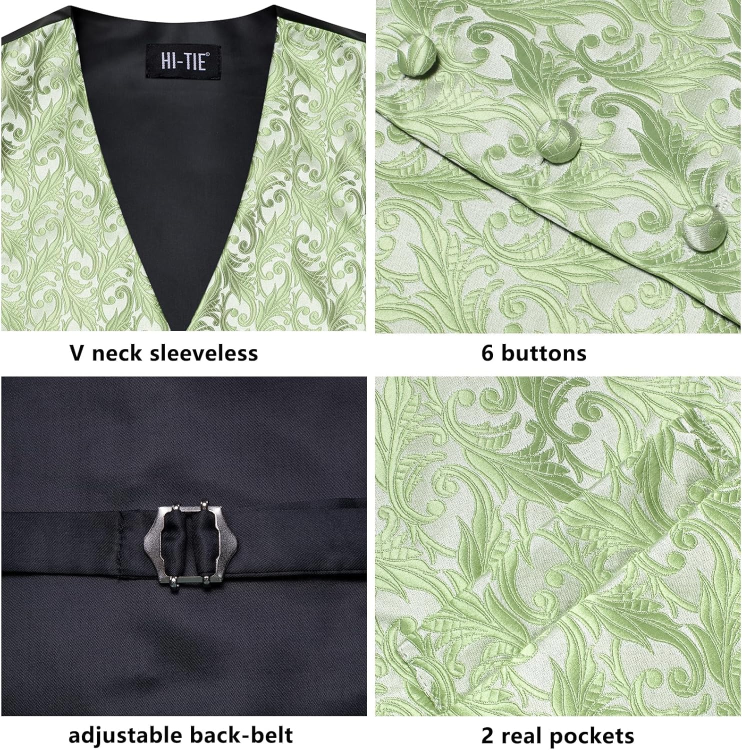 Hi-Tie 5PCS Mens Silk Suit Vests and Tie Lapel Pin Set Paisley Floral Waistcoat Necktie God Tie Clip Set Wedding Party - Image 4