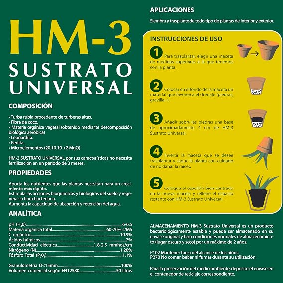 Universal Substrate 10 Litres HM-3 Agrinatura – Also: 20, 50 and 70 Litres – Mix: Peat, Coconut Fiber, Perlite, Leonardite and 4 Months Fertilization. Ideal for Indoor and Outdoor Plants