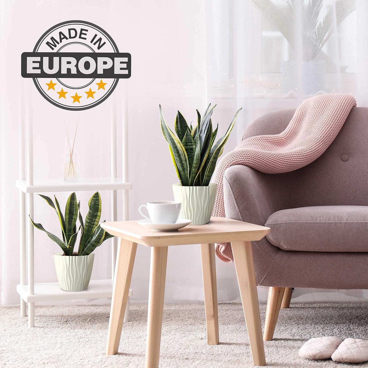 Mueller Austria Plant and Flower Pot 2/1 Set, Heavy Duty 6 Inch European Made Stylish Indoor/Outdoor Decorative Planter, for All House Plants, Flowers, Herbs, Beige