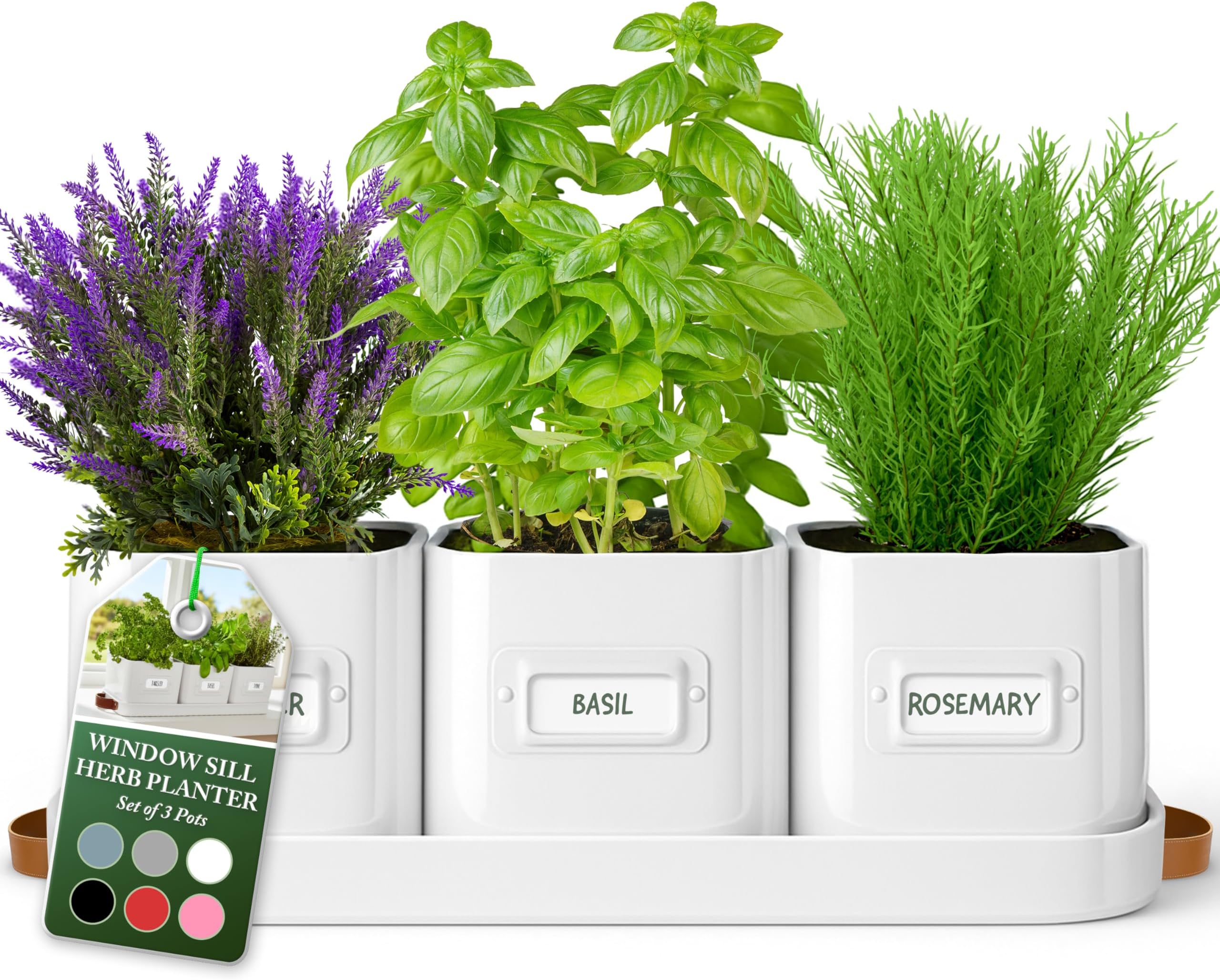 volila Herb Planter Indoor - Set of 3 Warmstone Indoor Herb Garden Pots for Plants with Leather Handled Tray - Window Sill Plant Shelf - Herb Pots with Drainage Holes and Labels
