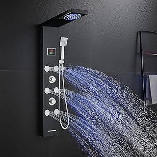 LED Rainfall Shower Tower System, Stainless Steel Hydroelectric Shower Panel Tower System (No battery need) with 6 Pcs Body Jets, Black