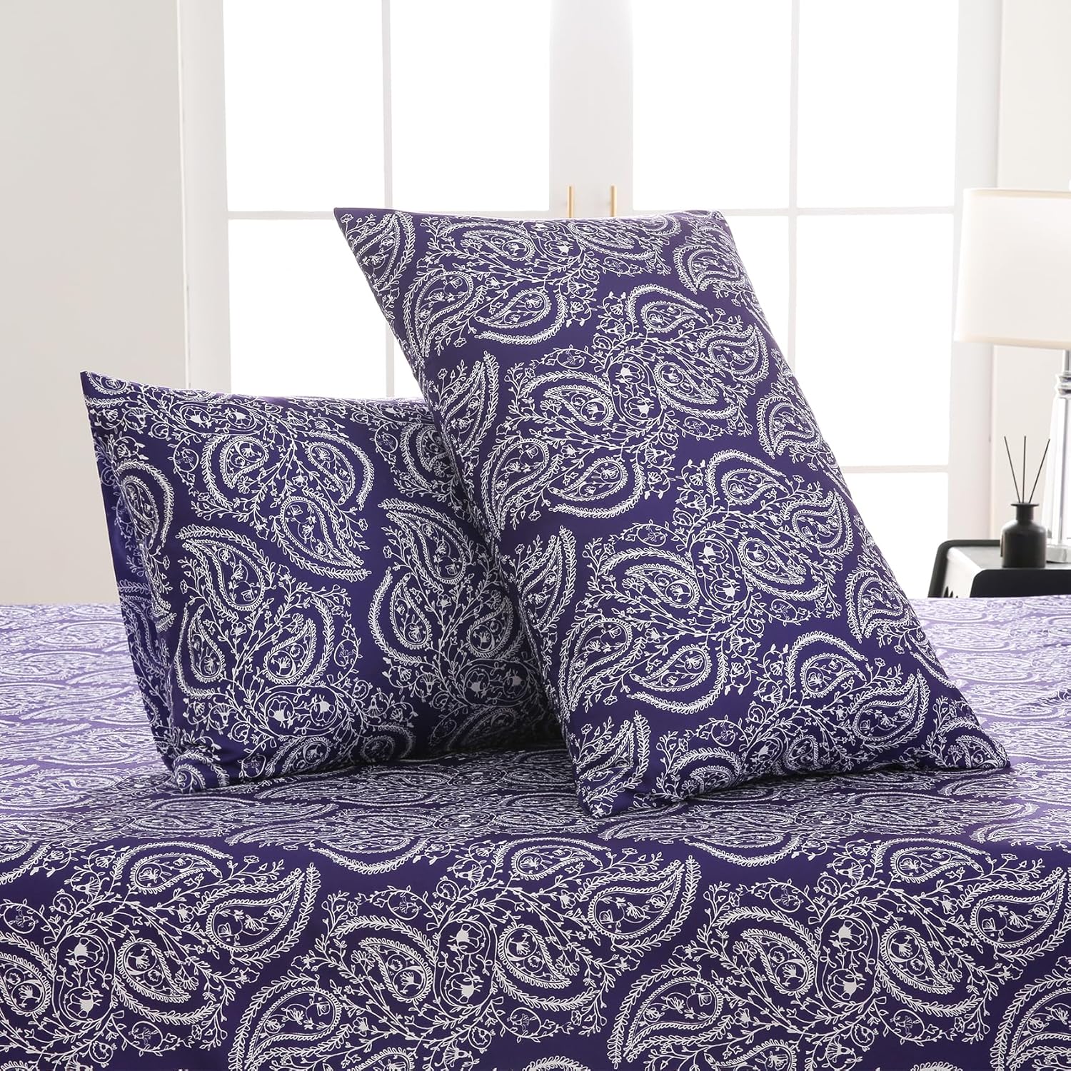 Yibeizi Queen Sheet Set Deep Pocket Queen Size Purple Paisley Bed Sheets Set, Floral Printed Soft Microfiber Oeko-Tex Sheets & Pillowcases Hypoallergenic Wrinkle Free Bedsheets
