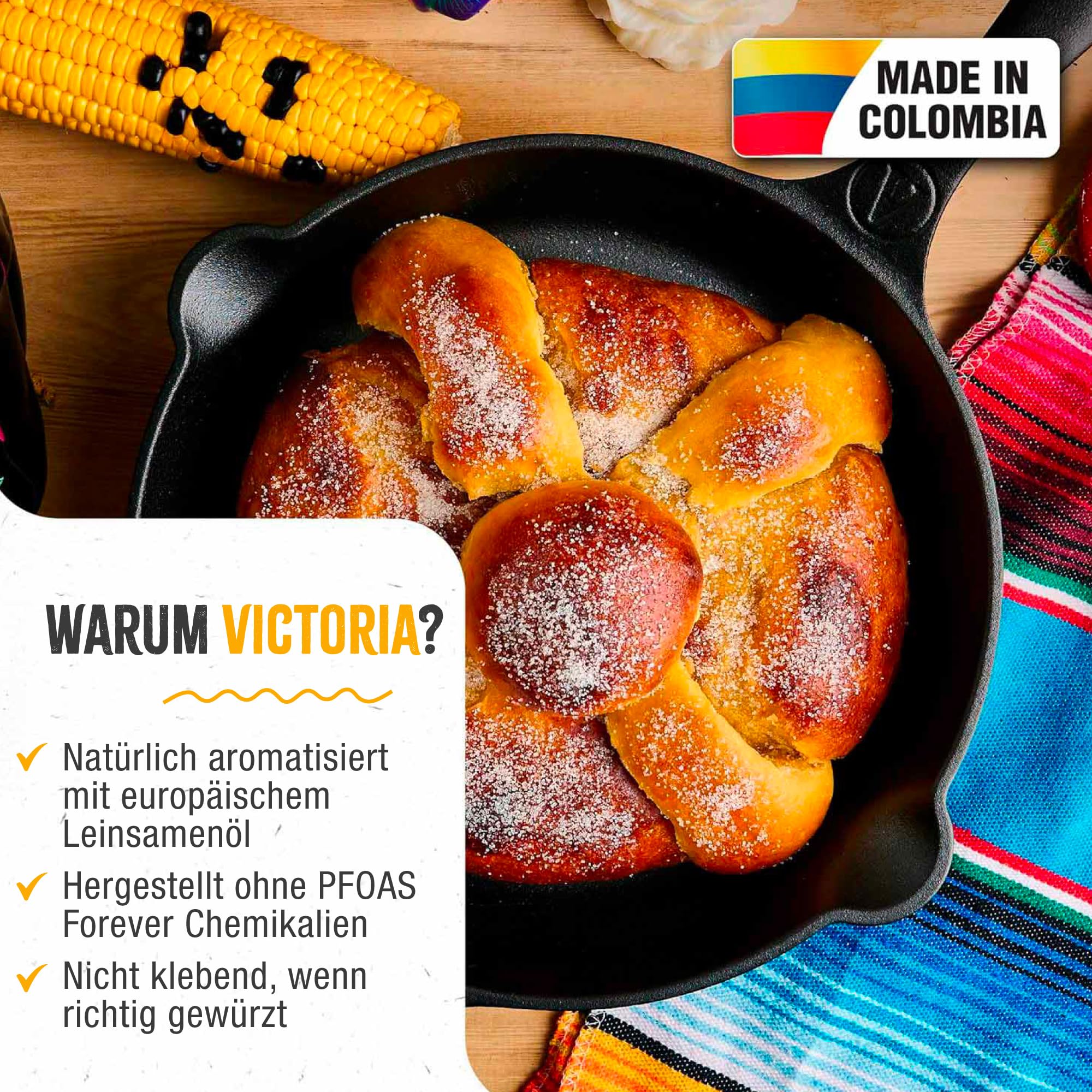 VICTORIA Bratpfanne Gusseisenpfanne Eingebrannte 25cm Day of the Dead La Catrina, für Grill, Backofen, Induction, Gas, Cast Iron Skillet Toxic Free Non-Stick Kochgeschirr oder PFOA