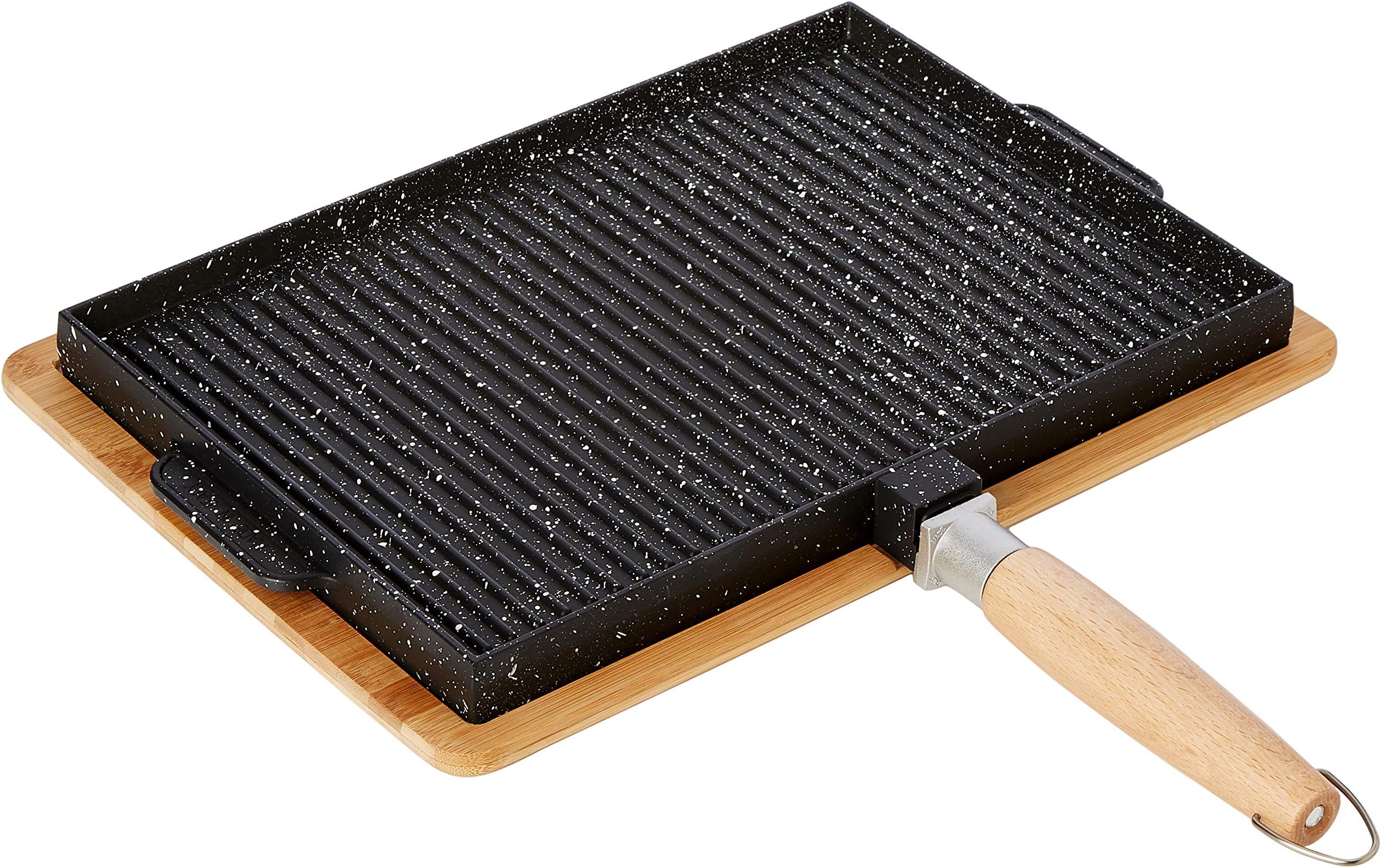 MasterHome Frying Pan Round Twin Hob Romagna Craftsmanship in Smooth Non-Stick Lava Stone and Grill + Moulded Wooden Trivet + Simmer Ring Heat Diffuser No Seasoning Made In Italy cm 37x25 black