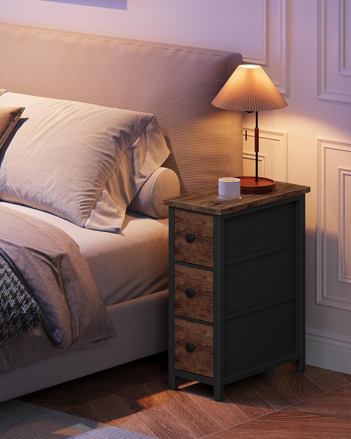 CHOEZON Narrow Side Table with 3 Fabric Drawers, Industrial Slim Bedside Table for Small Spaces, Bedroom, Living Room, Dormitory, Rustic Brown and Black TBZ09BF