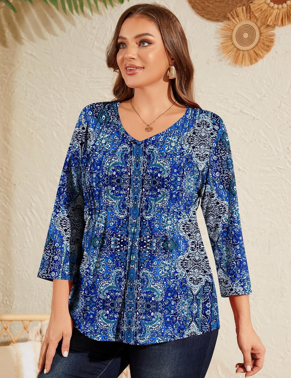 Romanstii Plus Size Tops for Women Womens 2026 Spring 3/4 Sleeve Blouses Dressy Casual V-Neck T-Shirts Pleated Tunic XL-5XL - Image 4