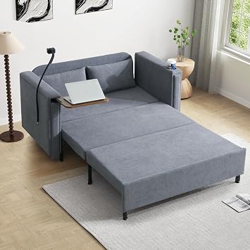 3-in-1 Convertible Sleeper Sofa Couch with Pullout Bed, Loveseat Sleeper Sofa Bed with Hidden Side Table, 56" Full Size Folding Futon Couch for Living Room Guest Room Apartment Home Office Gray