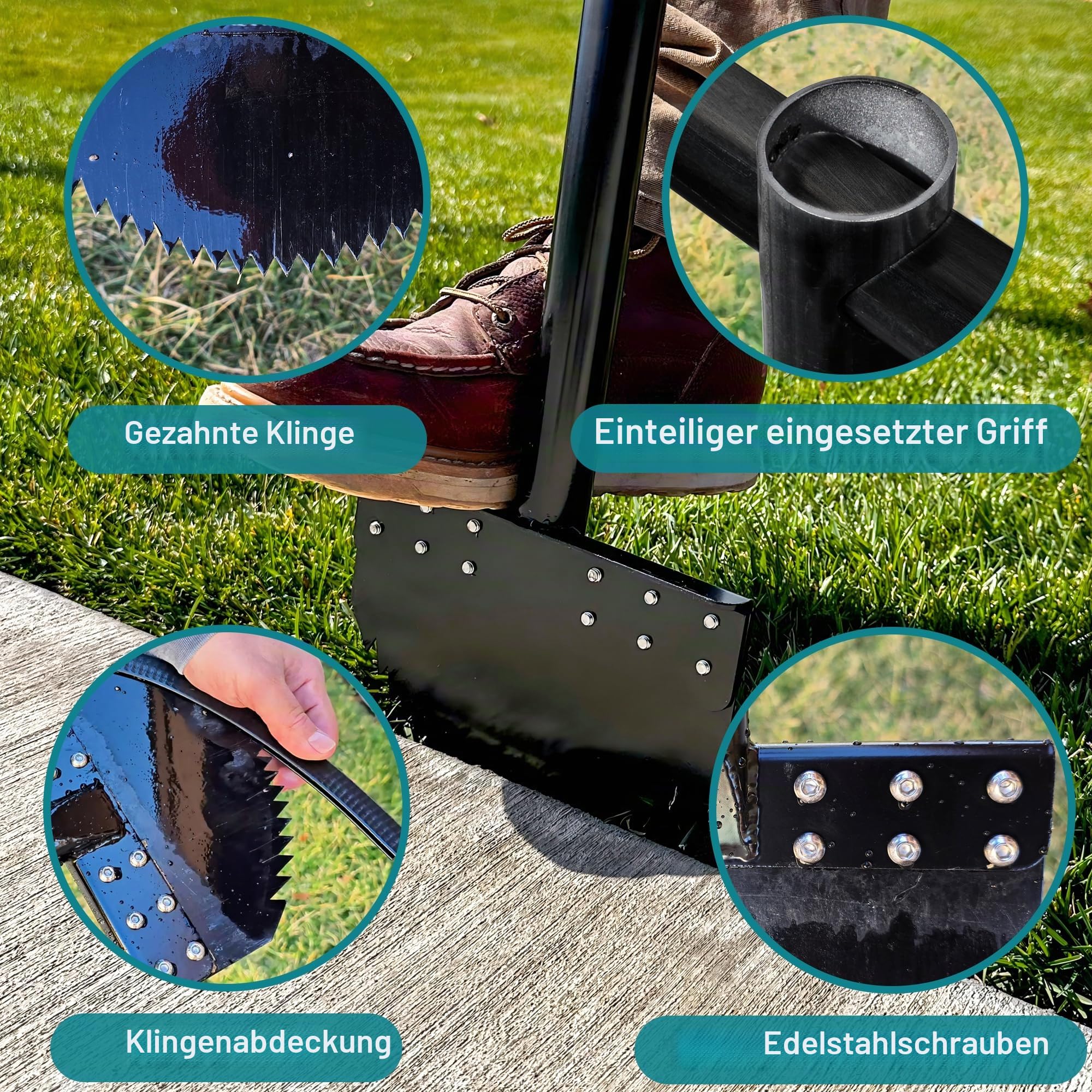 Einteiliger Rasenkantenstecher 100cm mit Federstahl-Sägezahnklinge Manueller Kantenschneider Rostfrei Halbmond-Rasenkantenschneider mit Gummigriff für Rasenpflege Garten Beet