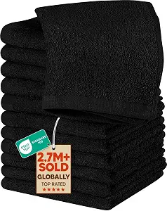  12 Pack Washcloths, 12x12 in, 100% Cotton, Black | Premium 100% Ring Spun Cotton Face Cloths - Highly Absorbent, Fast Drying Soft Feel Fingertip  for Daily Use