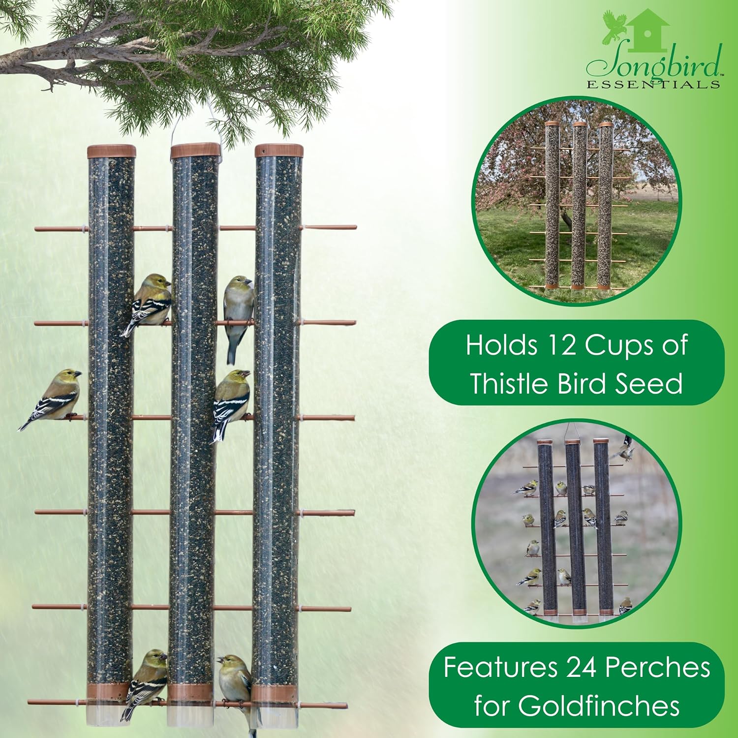 Songbird Essentials Finches Favorite Brushed Copper 3 Tube Thistle Feeder - 24-Bird Capacity - Nyjer Seed - Metal Caps and Perches - Large Goldfinch Feeder Outdoors