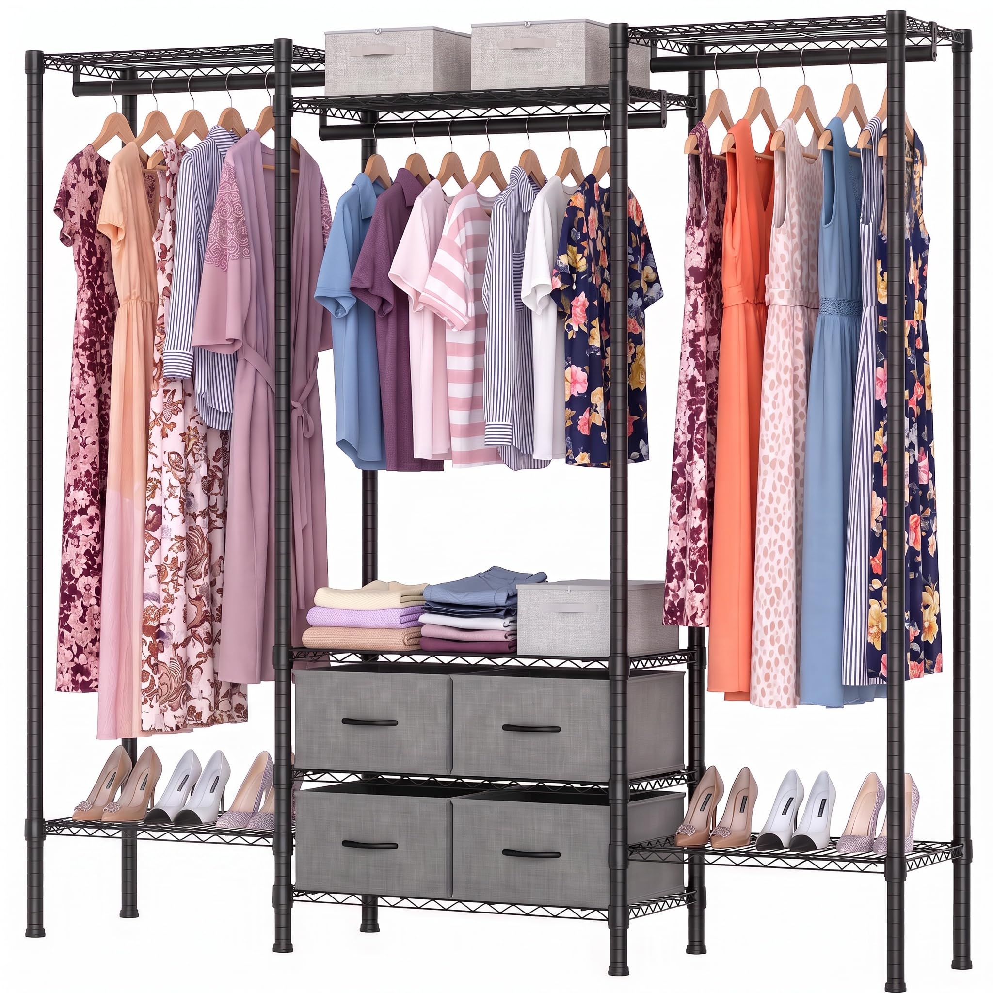 Himimi Heavy Duty Clothes Rail with 4 Fabric Drawers, 154x40x180 cm, Black