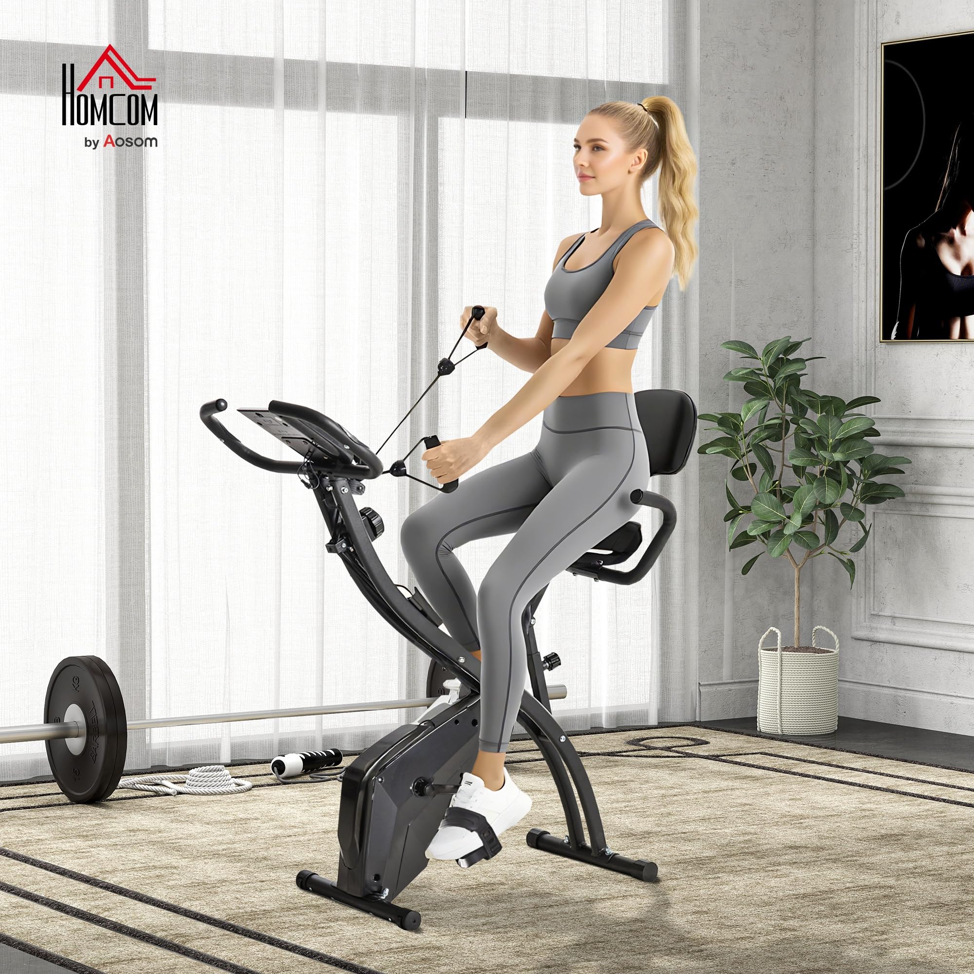 HOMCOM Bicicleta Estática Plegable 3 en 1 con Respaldo para Casa Negro | 8 Niveles Resistencia Magnética, Ajustable, Monitor LCD, Volante Banda, Sensor de Pulso, Soporte de Teléfono