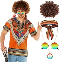 Morph Men's Hippie Costume, 70s Halloween Costume | Colourful retro shirt, flower power pattern, pull-on, perfect for Halloween, ideal for dressing up